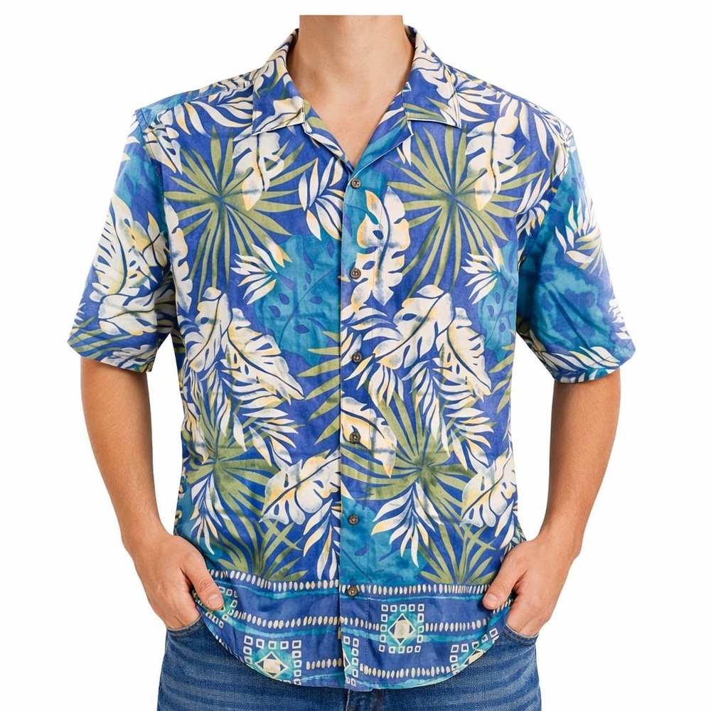 Chaps Hawaiian Aloha Shirt XL Yellow Green Tropical Leaves Blue Green